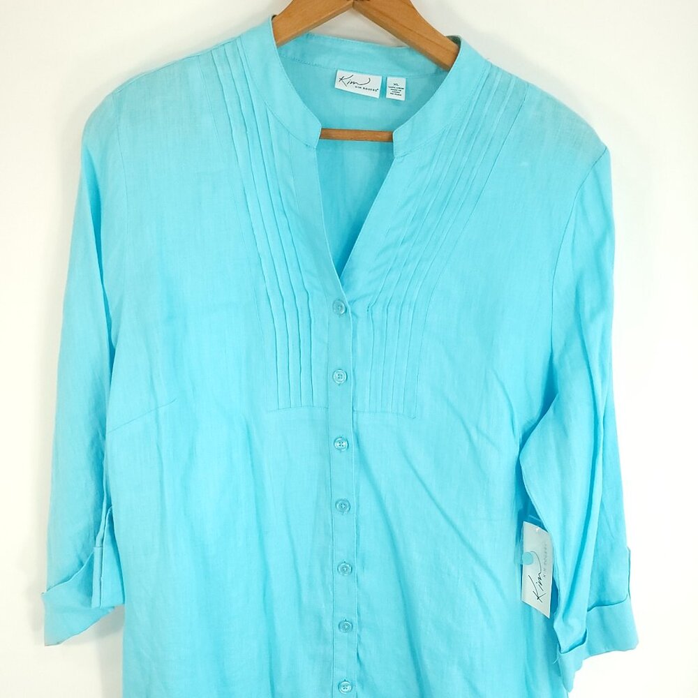 Kim Rogers Top Women's XL Turquoise Linen 3/4 Sleeve Button Front